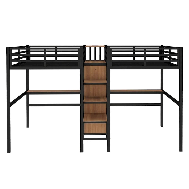 Twin Over Twin Metal Loft Bed with Double Desk and Wardrobe and Shelves with Electrical Outlet for Space Saving