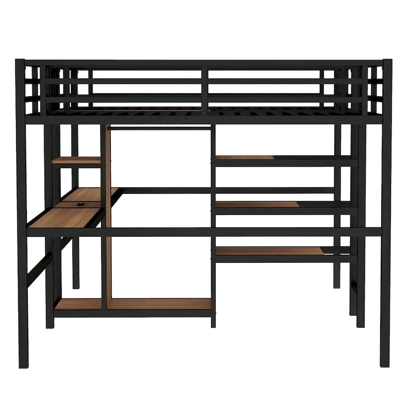 Twin Over Twin Metal Loft Bed with Double Desk and Wardrobe and Shelves with Electrical Outlet for Space Saving