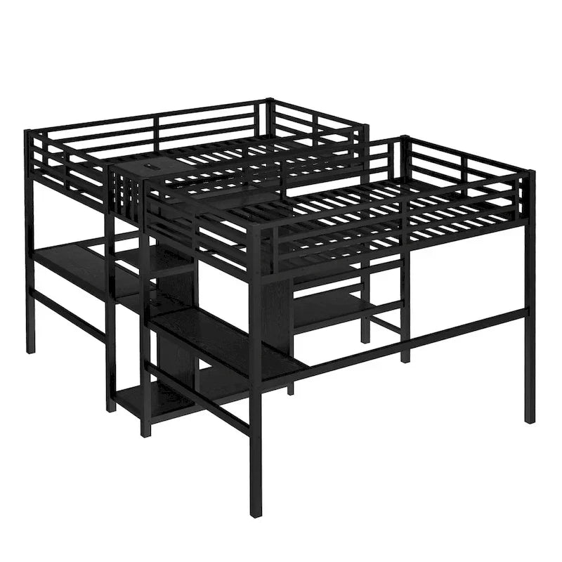 Twin Over Twin Metal Loft Bed with Double Desk and Wardrobe and Shelves with Electrical Outlet for Space Saving