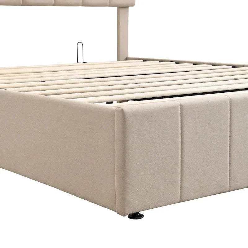 Lit plateforme Queen en lin – Sommier relevable hydraulique avec compartiment caché, cadre en bois de pin massif