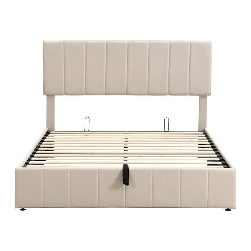 Lit plateforme Queen en lin – Sommier relevable hydraulique avec compartiment caché, cadre en bois de pin massif