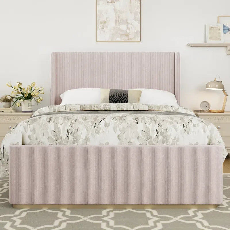Lit King Size en velours côtelé rembourré avec tête de lit capitonnée à oreilles de 119 cm et cadre en métal/bois (sommier tapissier non requis)
