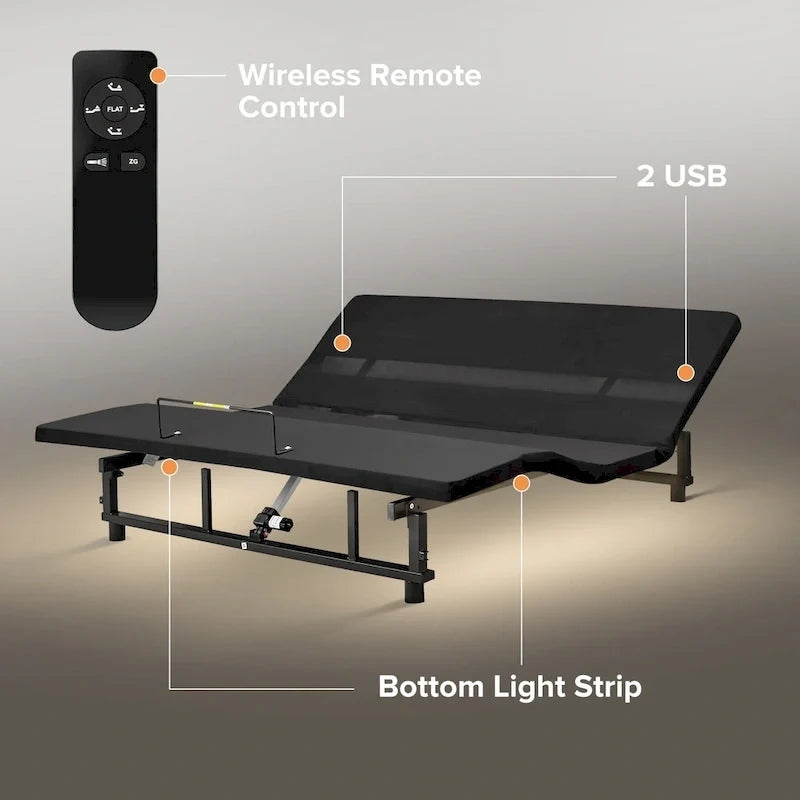 Lit pliable Queen Size Cadre de lit réglable premium avec télécommande sans fil, chargement USB et éclairage sous le lit