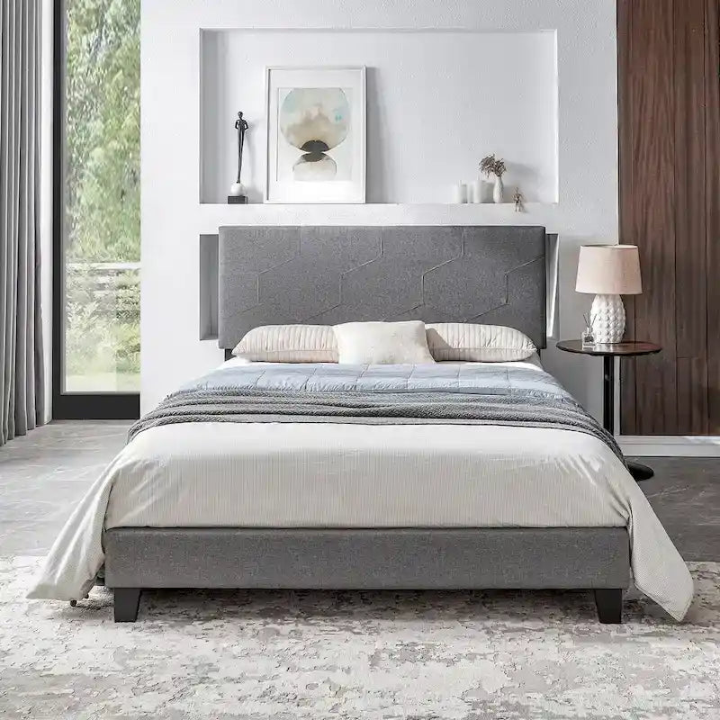 Lit plateforme tapissé Queen Size avec support à lattes en bois pour chambre à coucher