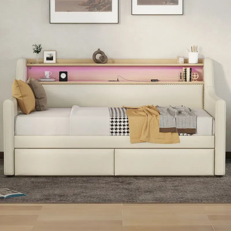 Lit de repos tapissé de taille simple avec rangement et éclairage LED