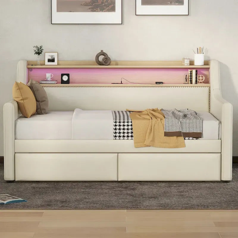Lit de repos tapissé de taille simple avec rangement et éclairage LED