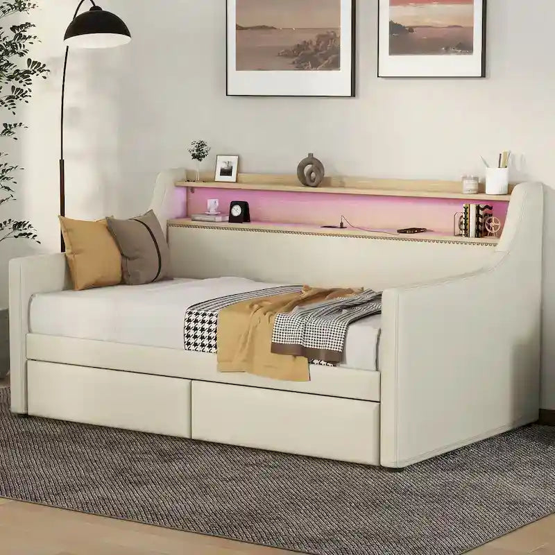 Lit de repos tapissé de taille simple avec rangement et éclairage LED