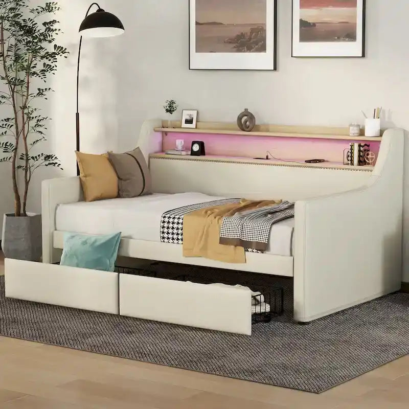 Lit de repos tapissé de taille simple avec rangement et éclairage LED
