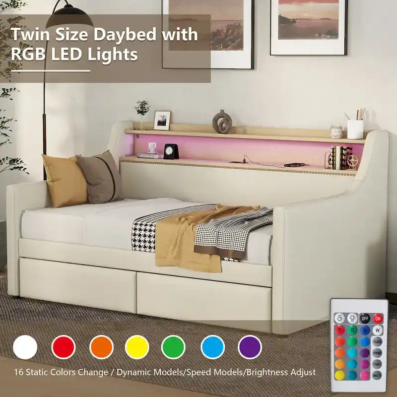Lit de repos tapissé de taille simple avec rangement et éclairage LED