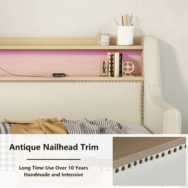 Lit de repos tapissé de taille simple avec rangement et éclairage LED