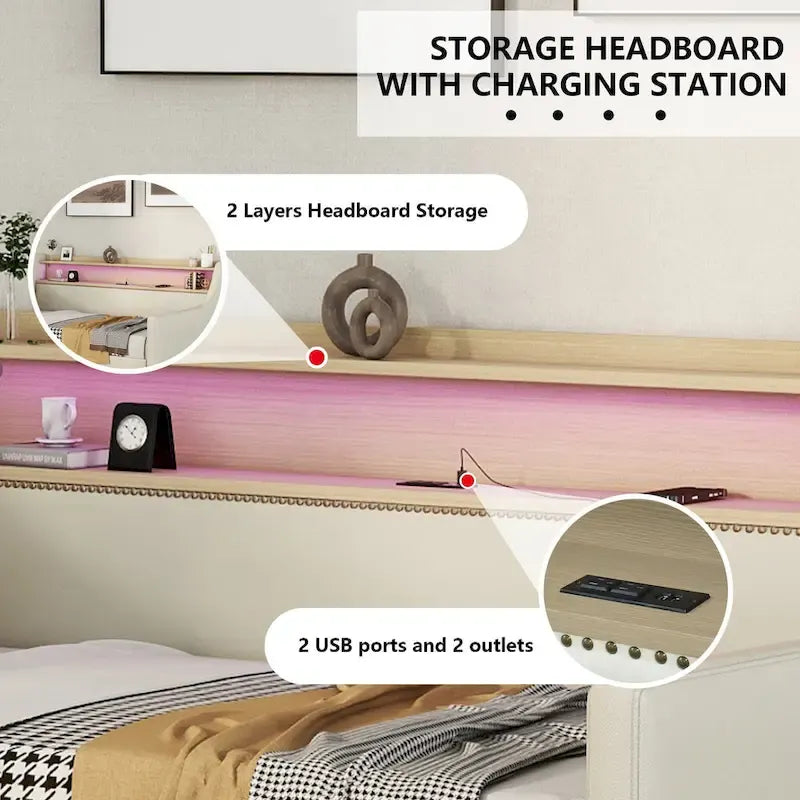 Lit de repos tapissé de taille simple avec rangement et éclairage LED