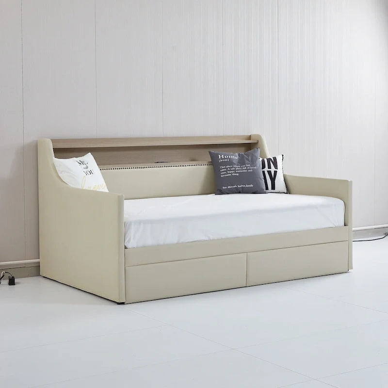 Lit de repos tapissé de taille simple avec rangement et éclairage LED
