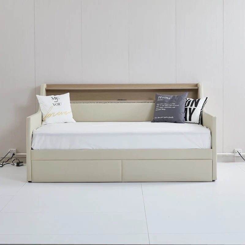 Lit de repos tapissé de taille simple avec rangement et éclairage LED