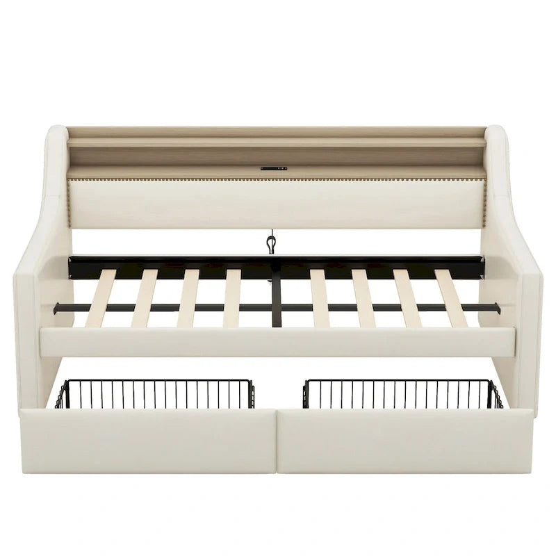 Lit de repos tapissé de taille simple avec rangement et éclairage LED