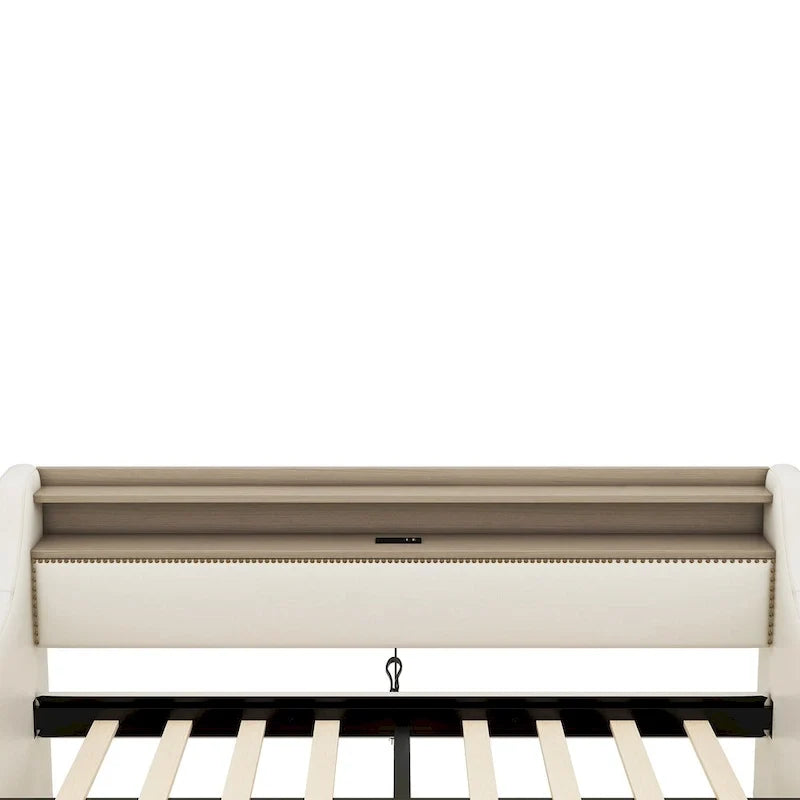 Lit de repos tapissé de taille simple avec rangement et éclairage LED