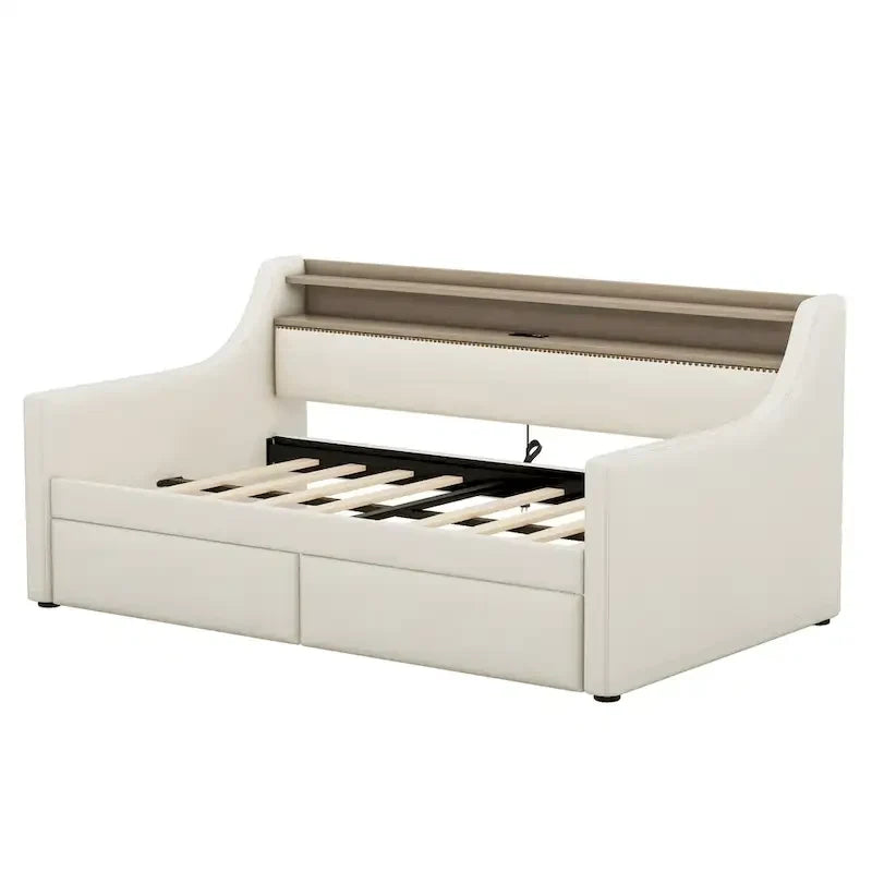 Lit de repos tapissé de taille simple avec rangement et éclairage LED