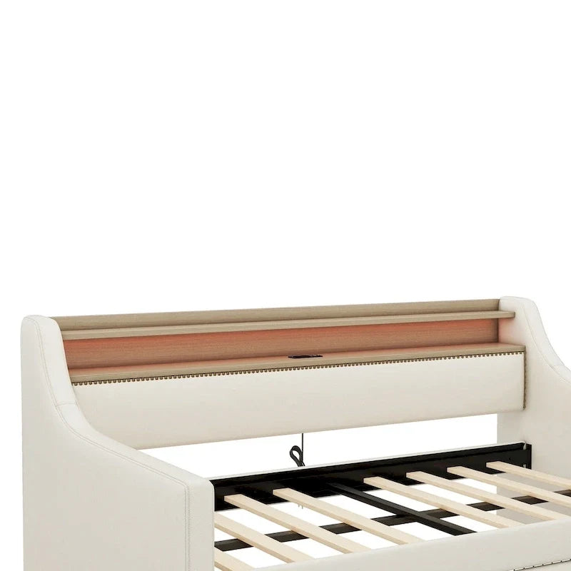 Lit de repos tapissé de taille simple avec rangement et éclairage LED