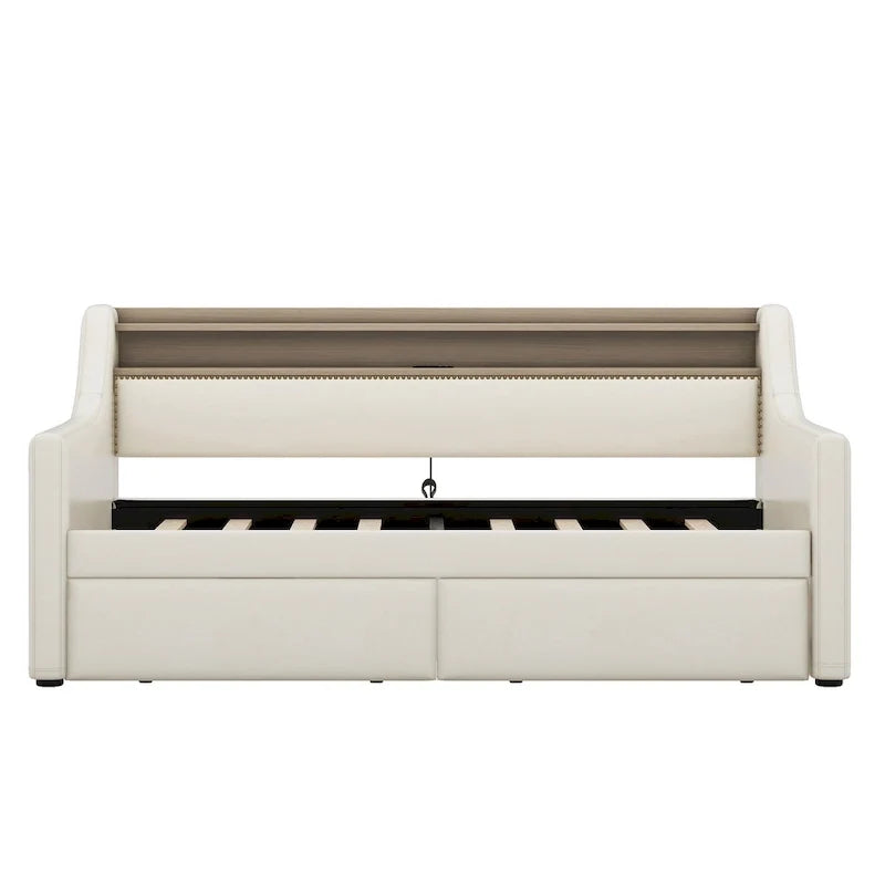 Lit de repos tapissé de taille simple avec rangement et éclairage LED