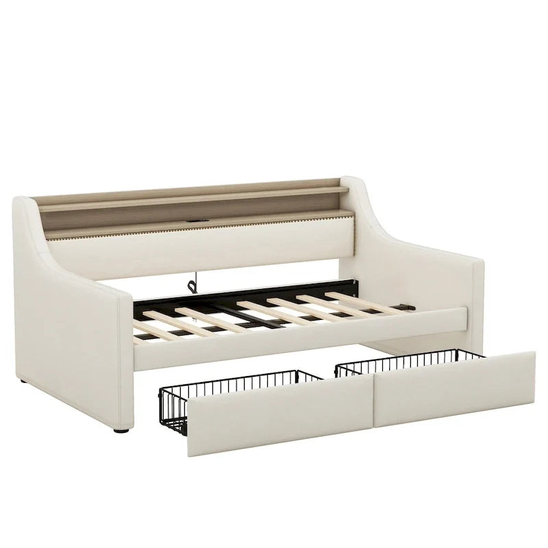 Lit de repos tapissé de taille simple avec rangement et éclairage LED