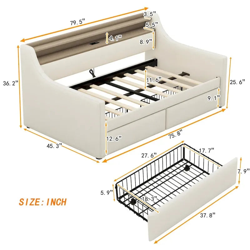Lit de repos tapissé de taille simple avec rangement et éclairage LED