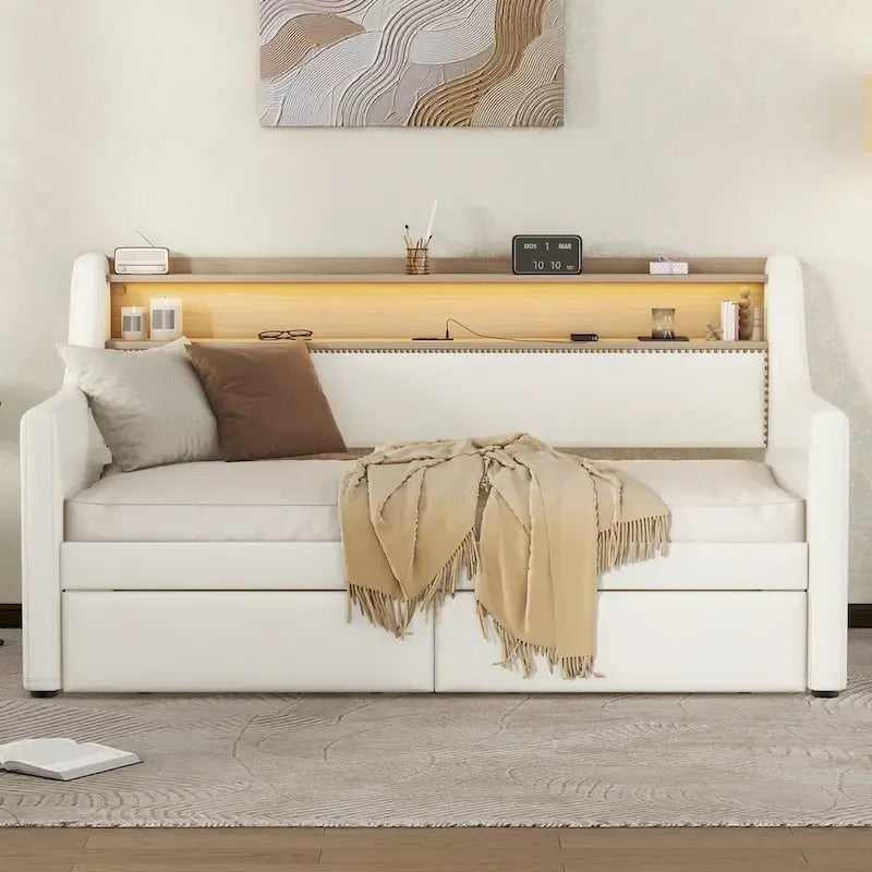 Lit de repos tapissé de taille simple avec rangement et éclairage LED