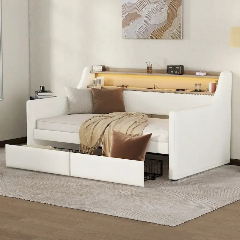 Lit de repos tapissé de taille simple avec rangement et éclairage LED