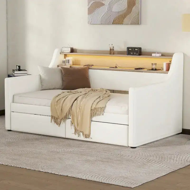 Lit de repos tapissé de taille simple avec rangement et éclairage LED