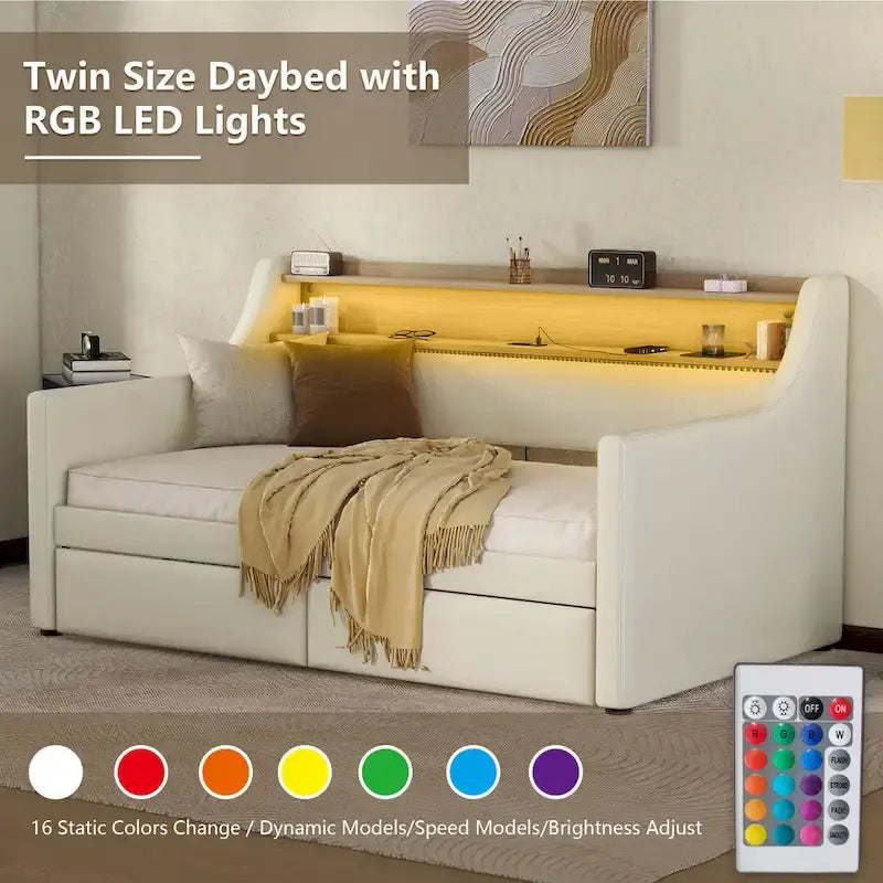 Lit de repos tapissé de taille simple avec rangement et éclairage LED