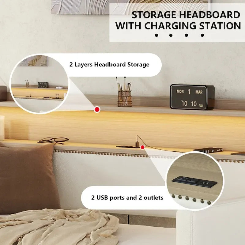 Lit de repos tapissé de taille simple avec rangement et éclairage LED