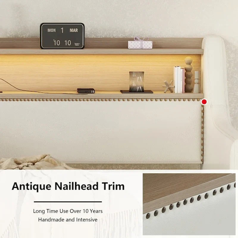 Lit de repos tapissé de taille simple avec rangement et éclairage LED