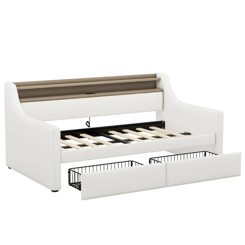 Lit de repos tapissé de taille simple avec rangement et éclairage LED