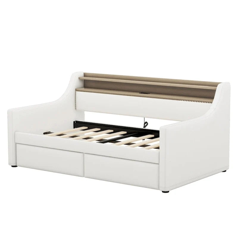 Lit de repos tapissé de taille simple avec rangement et éclairage LED
