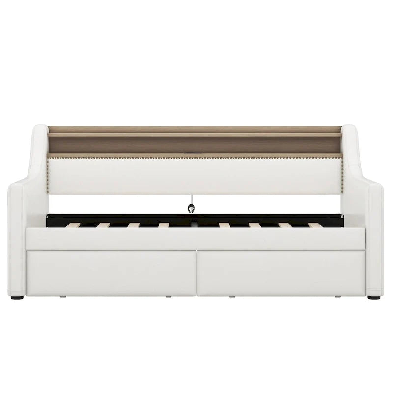 Lit de repos tapissé de taille simple avec rangement et éclairage LED