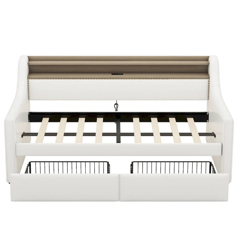 Lit de repos tapissé de taille simple avec rangement et éclairage LED