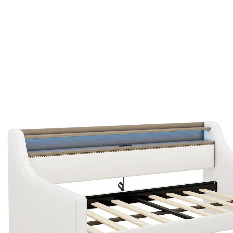 Lit de repos tapissé de taille simple avec rangement et éclairage LED