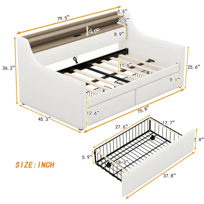 Lit de repos tapissé de taille simple avec rangement et éclairage LED