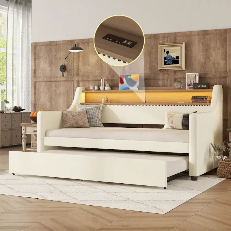 Lit de repos capitonné simple avec lit gigogne et LED