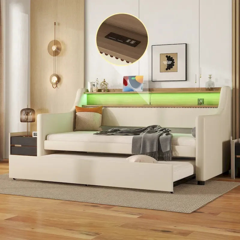 Lit de repos capitonné simple avec lit gigogne et LED