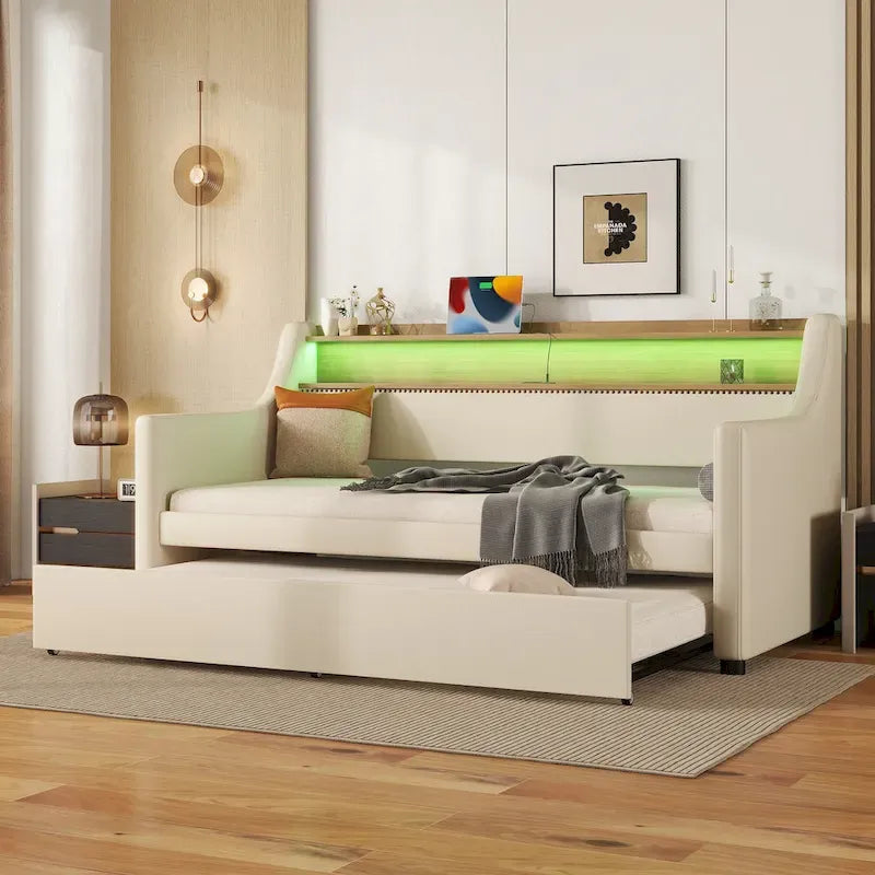 Lit de repos capitonné simple avec lit gigogne et LED
