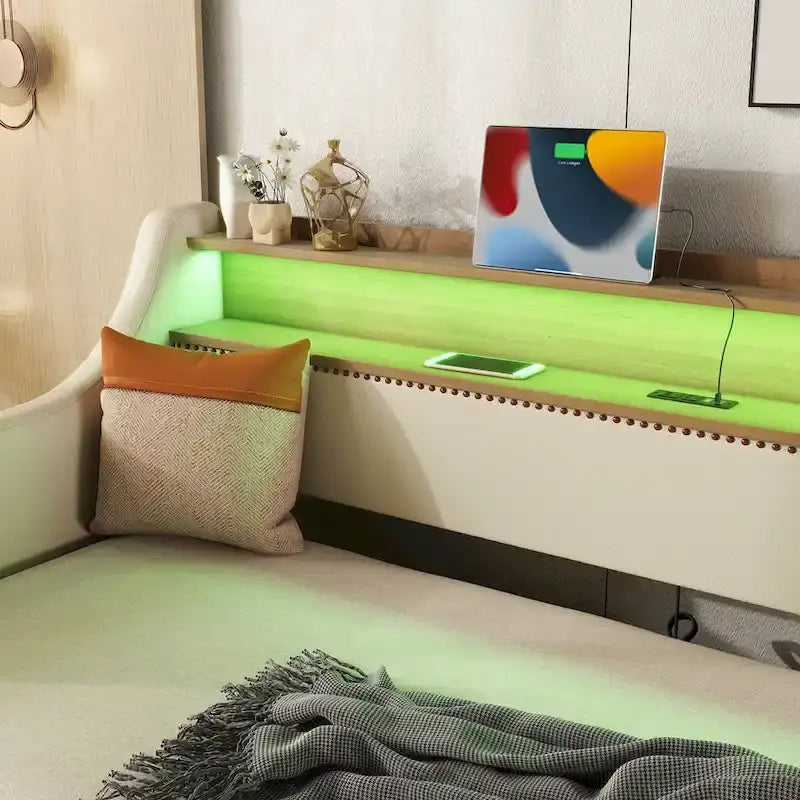 Lit de repos capitonné simple avec lit gigogne et LED