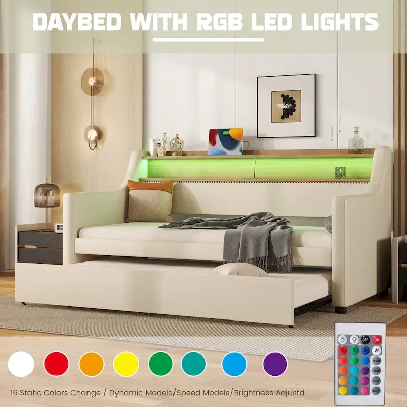 Lit de repos capitonné simple avec lit gigogne et LED