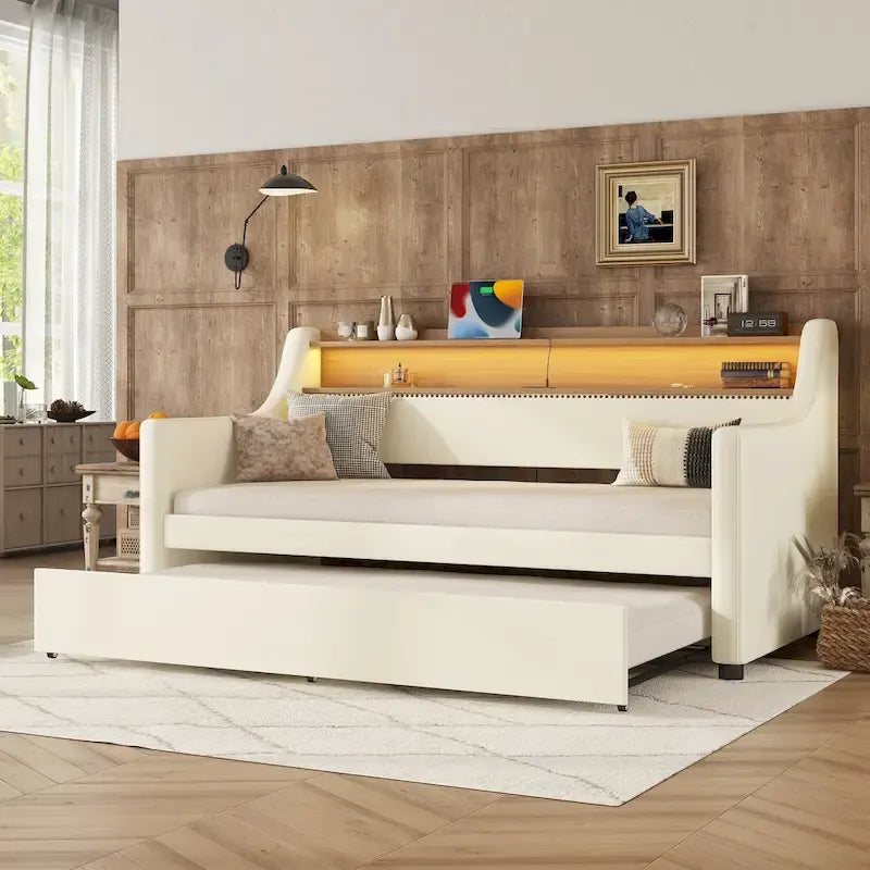 Lit de repos capitonné simple avec lit gigogne et LED
