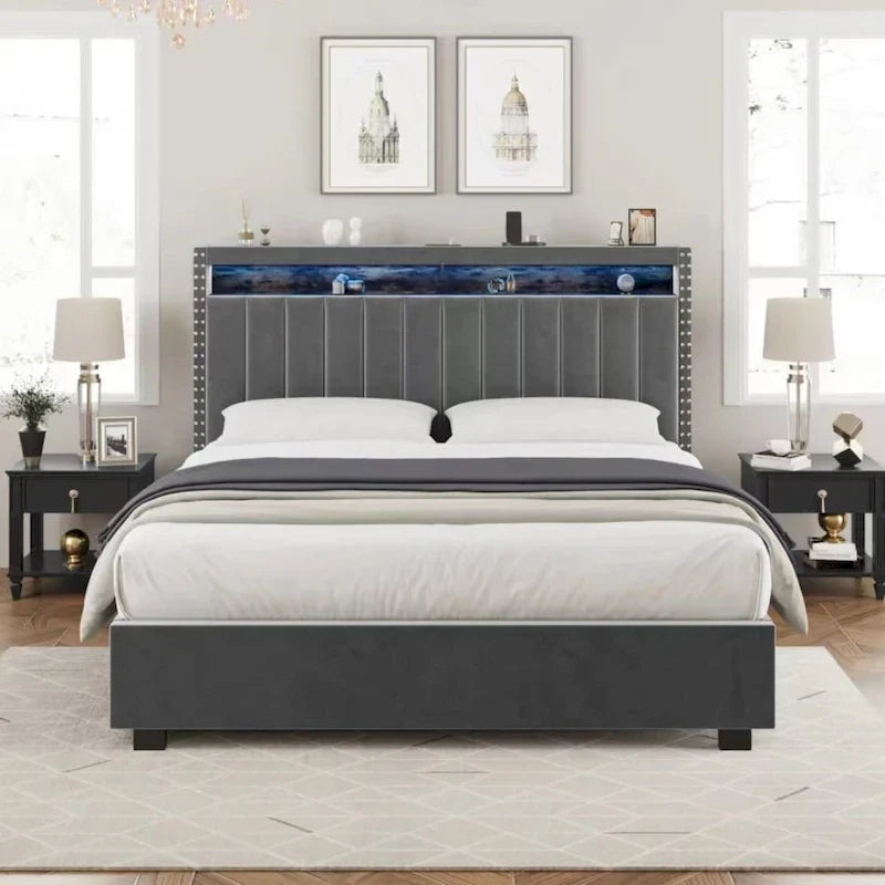 Lit de rangement de luxe avec vérin à gaz et lumières LED