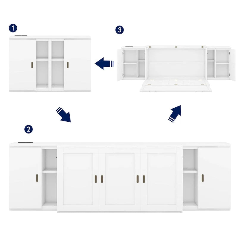White Queen Size Murphy Bed with Shelves, Cabinets, USB Ports