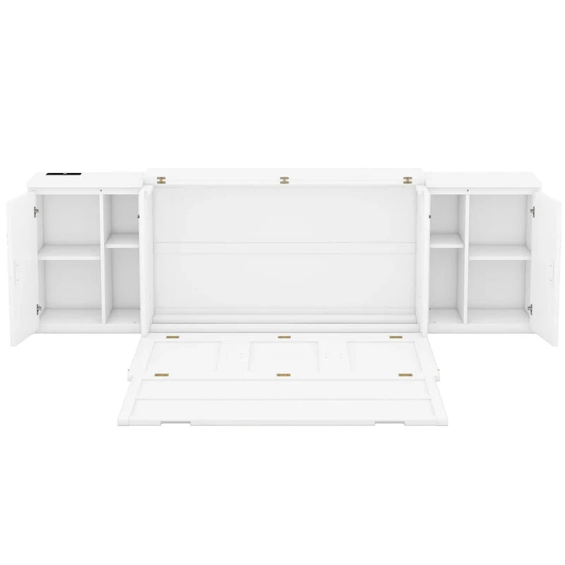 White Queen Size Murphy Bed with Shelves, Cabinets, USB Ports