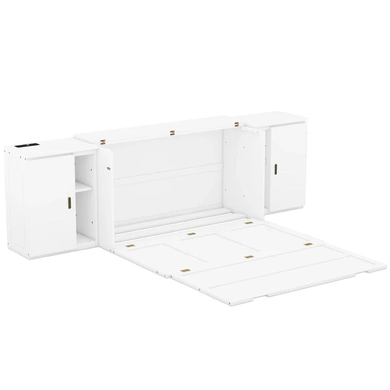 White Queen Size Murphy Bed with Shelves, Cabinets, USB Ports