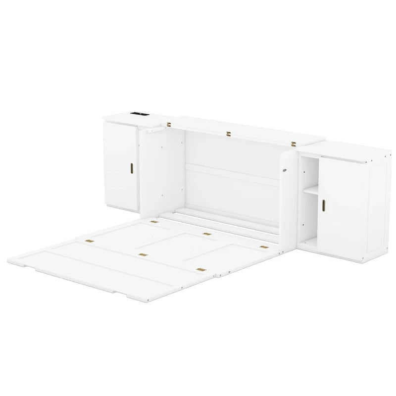 White Queen Size Murphy Bed with Shelves, Cabinets, USB Ports