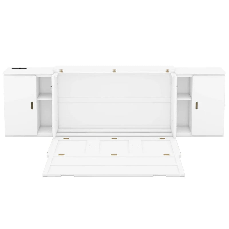 White Queen Size Murphy Bed with Shelves, Cabinets, USB Ports