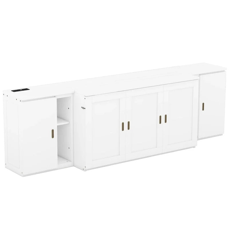 White Queen Size Murphy Bed with Shelves, Cabinets, USB Ports