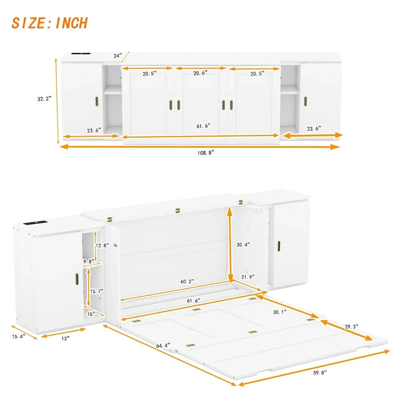 White Queen Size Murphy Bed with Shelves, Cabinets, USB Ports
